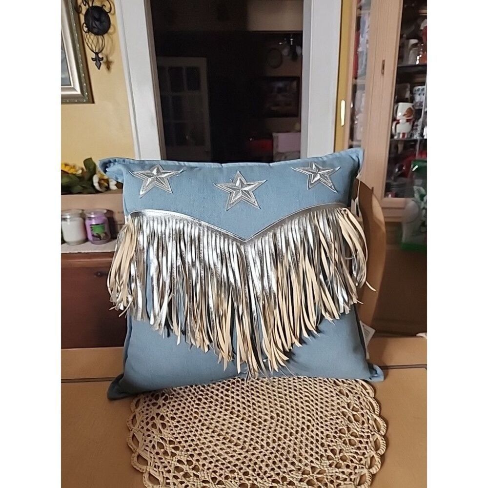 Vegas Cowgirl Star And Fringe Denim Pillow 17"×17"